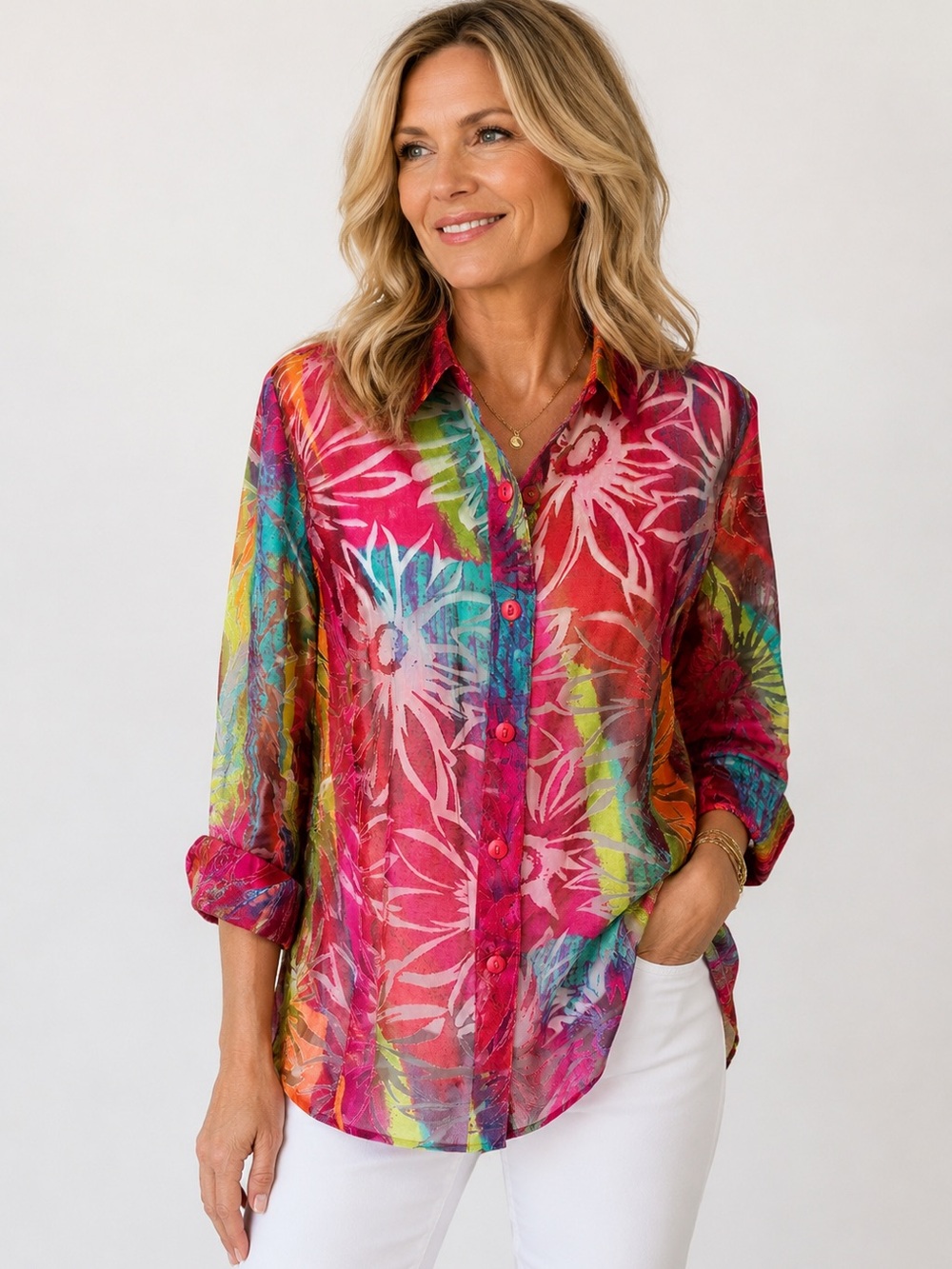 Erin Size M Colorful Sheer Floral Button-Up Blouse | Vibrant Boho Tunic